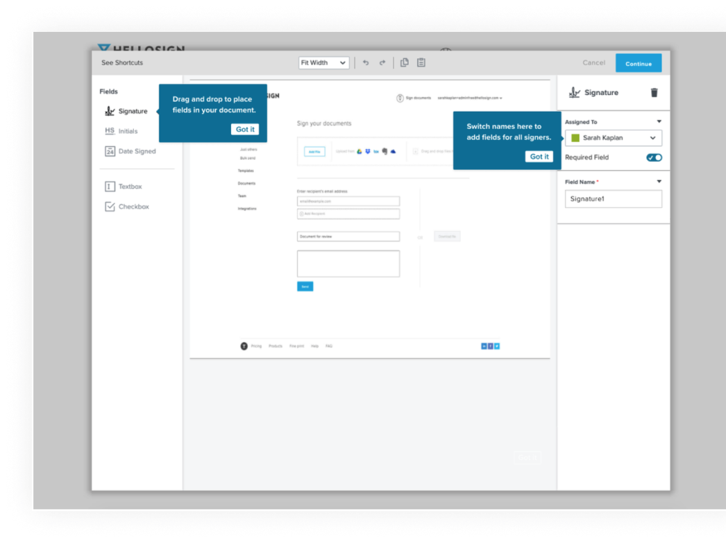 HelloSign tooltip guidance
